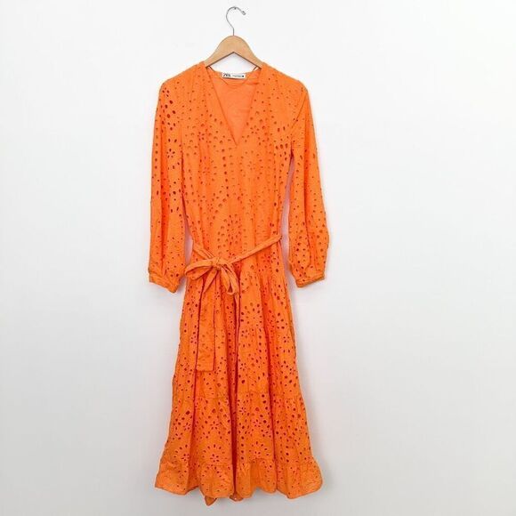 Zara Women’s Blogger Favorite Orange Embroidered Eyelet Puff Sleeve Maxi Dress - Picture 2 of 14